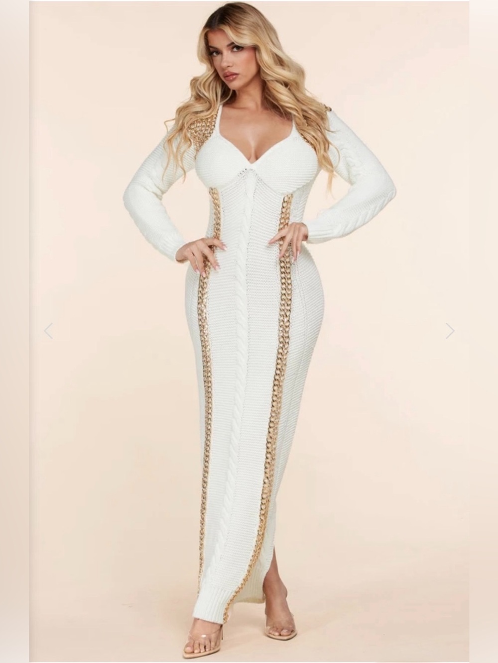 Ivory Knit Maxi Dress with Gold Chain Trim